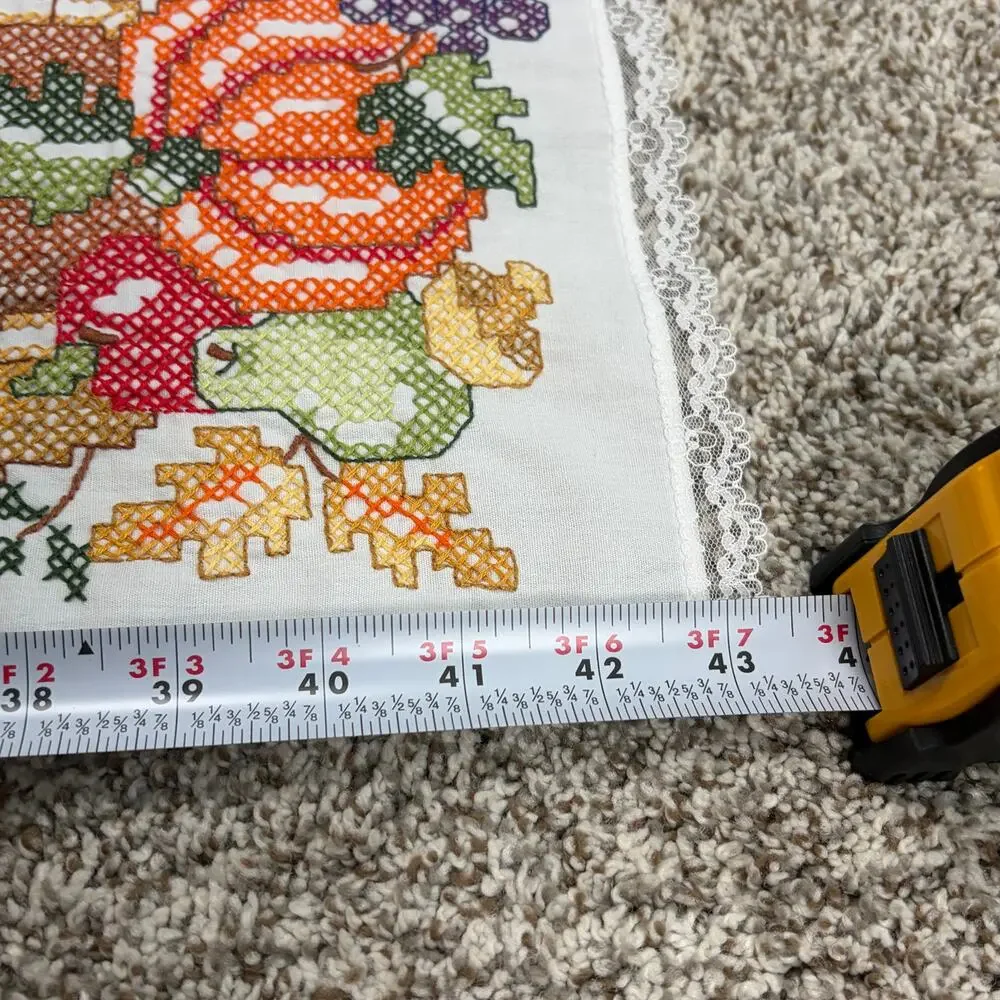 Thanksgiving crosstitch cornucopia table runner fall decor vintage handmade 70s